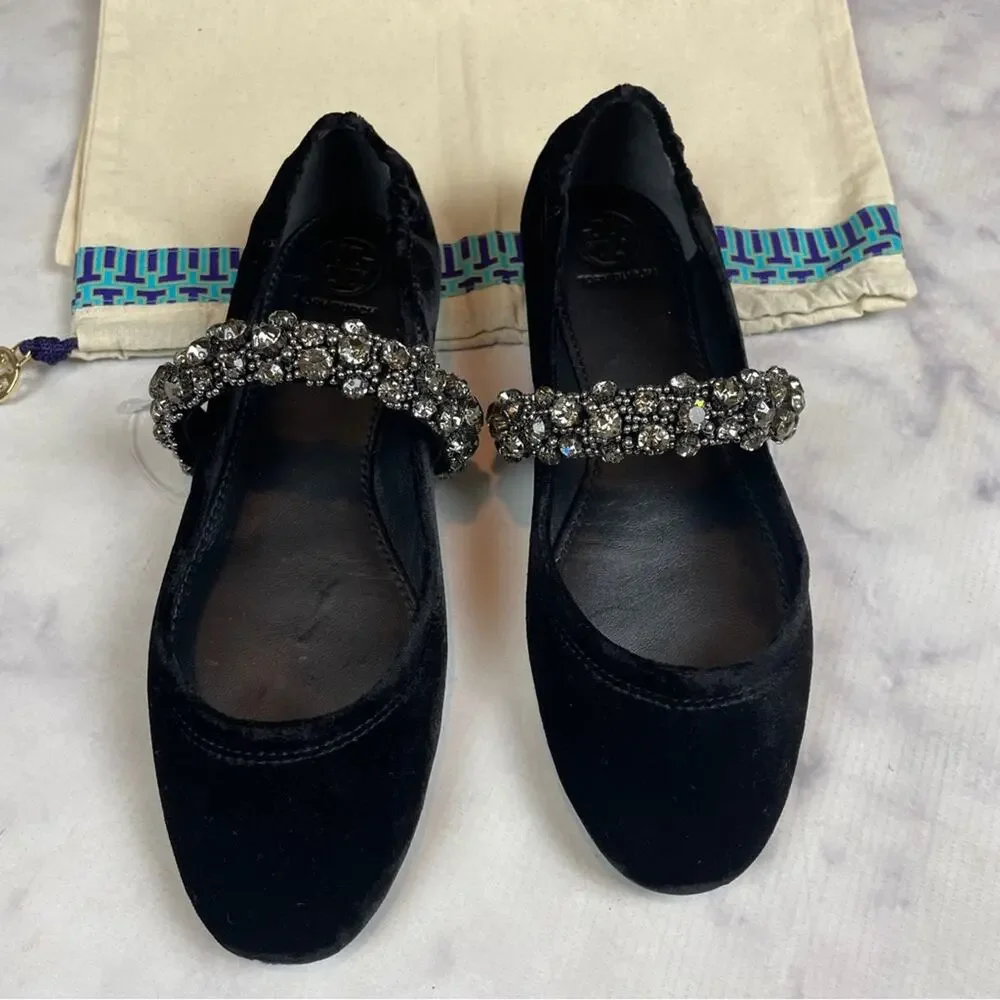 Tory Burch Black Velvet Crystal Strap Mary Jane Flats NWOB Sz 6.5